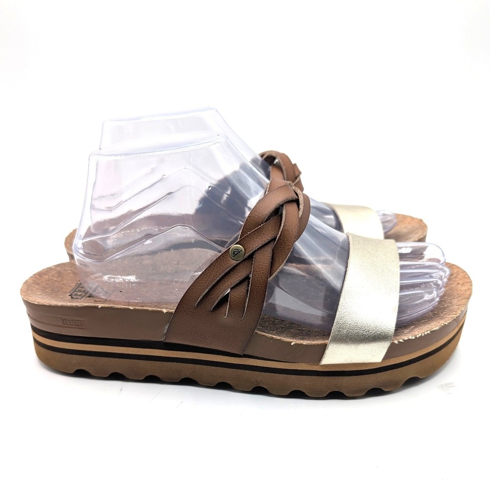 Reef Vista Hi Platform Sandals Brown Gold Braided Strappy Slides Womens